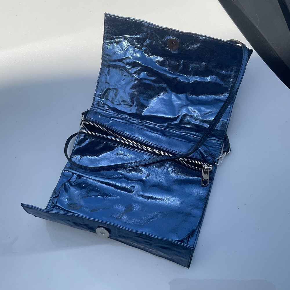 Italian made Zilla handbag 100% calf leather Metallic Blue - Picture 5 of 15